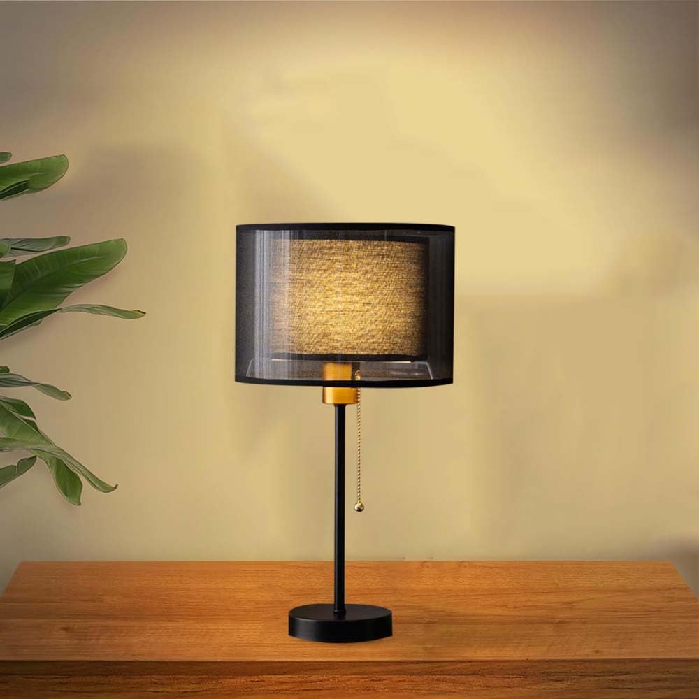Mengjay Lampada da Tavolo Moderna, Base in Metallo Nero, Paralume in Tessuto, Altezza 49 cm, Interruttore a Catenella (Stile: Nero)