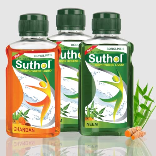Image of BOROLINE's Suthol Active Neem 200 ml X 2 & Chandan 200 ml, Prevent Skin Irritations, Prickly Heat, Itching, Rashes, With Neem, Turmeric, Marigold (Pack of 3)