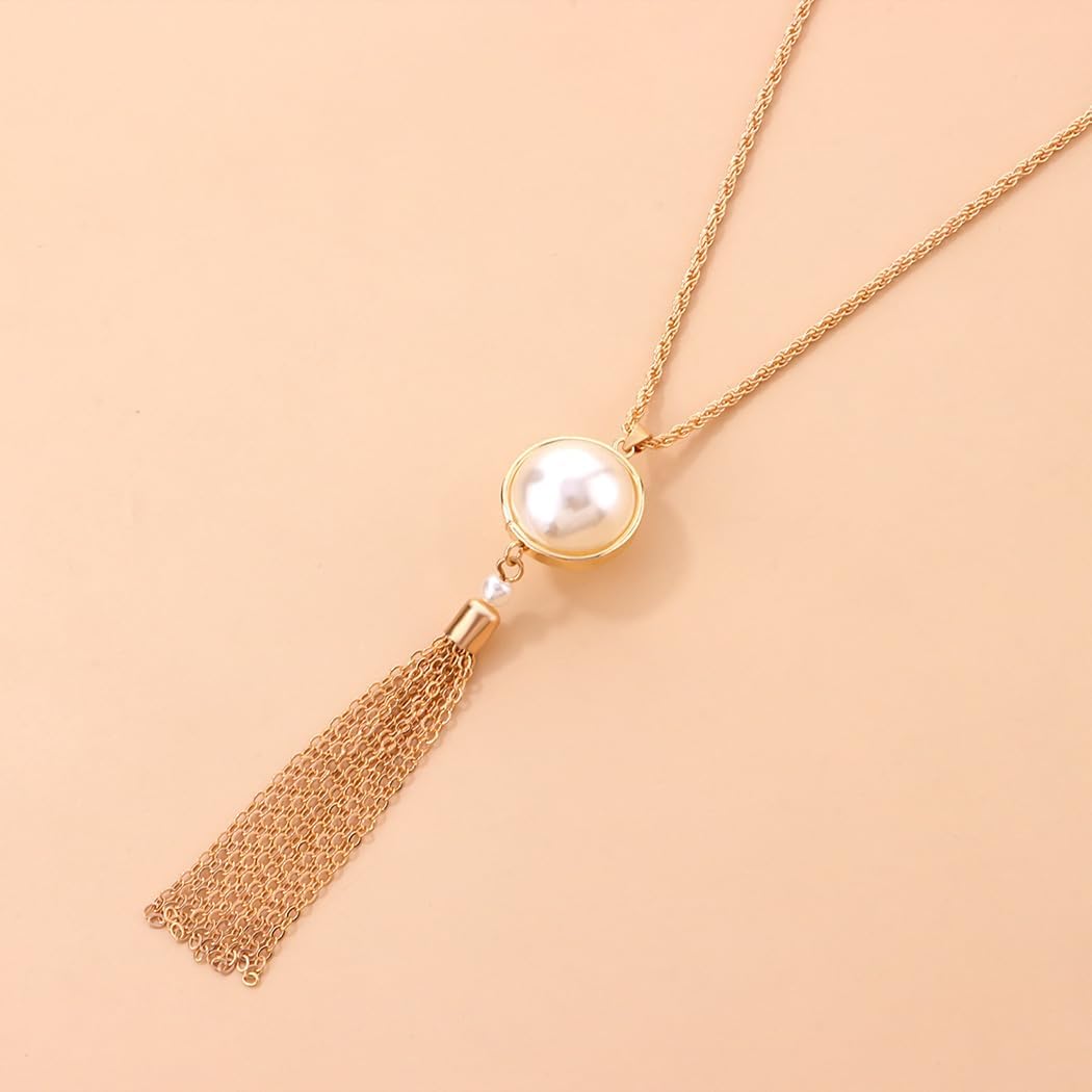 Long Tassel Necklace Gold Pearl Pendant Necklaces Sweater Chain Y Necklace for Women - Image 7