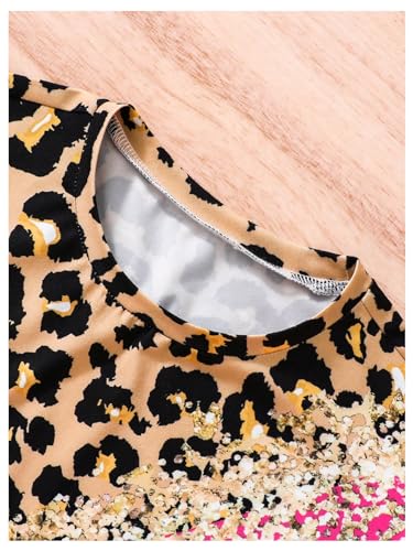 Image of Floerns Girl's 2 Piece Outfit Leopard Sequin Patchwork Top and Elastic Waist Bermuda shorts Sets