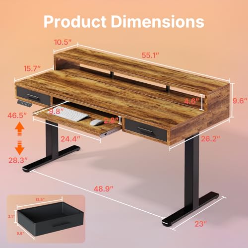 Image of HUANUO 55″ x 26″ Electric Standing Desk with 2 Drawers &24.4″ Large Keyboard Tray, C-Clamp Mount Compatible, Adjustable Computer Desk for Office, Sit Stand Up Desk with 4 Height Presets, Vintage Brown