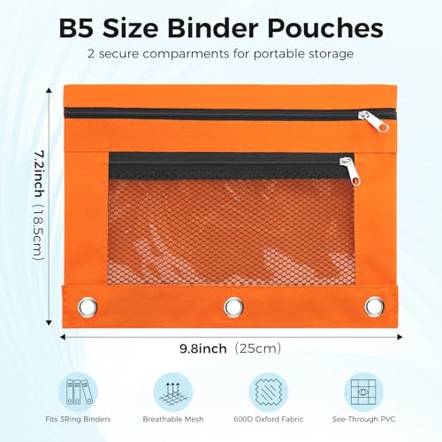 Image of Pencil Pouch for 3 Ring Binder - 3 Hole Zipper Pen Case Bag Holder Bulk Accessories Clear Window Aesthetic Organizer Pockets (Bright Orange)