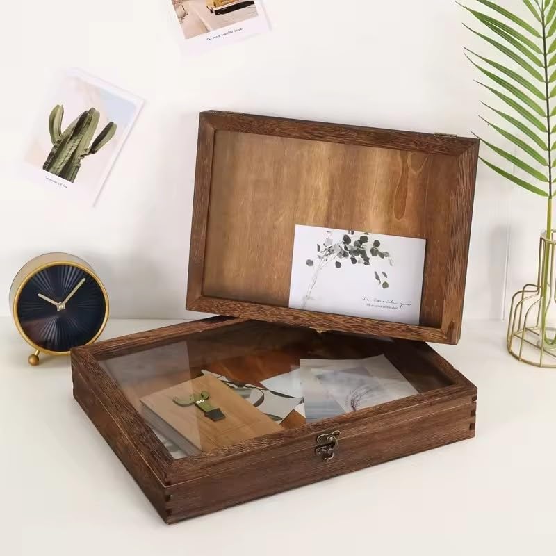 Vitrina de muestras de insectos con tapa de vidrio con bisagras, caja de sombra de madera para mariposas, escarabajos, hojas, colecciones minerales, caja de almacenamiento a prueba de polvo para