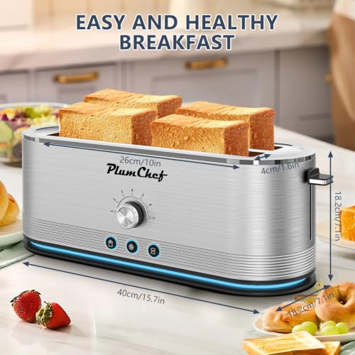 Image of Plum chef 4-Slice Toaster with Light Strip, Extra Long Slot Toaster, 7 Browning Settings, Defrost /Reheat Functions, Removable Crumb Tray, Stainless Steel Housing, Anti-Jam & Self-Centering