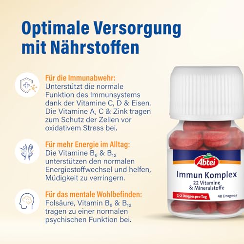 Abtei Immun Komplex - Nährstoff-Komplex mit 22 Vitaminen & Mineralstoffen - 3-in-1 Formel für Immunsystem, Energie und geistiges Wohlbefinden - Glutenfrei, gelatinefrei & laktosefrei – 1 x 40 Dragees