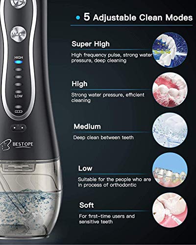 BESTOPE Water Oral Flosser 300ML 5 Modes & 8 Jet Tips - IPX7 Waterproof Cordless Dental Oral Irrigator Portable and Rechargeable Flossing for Braces & Bridges Care, Home and Travel - Thumbnail 3