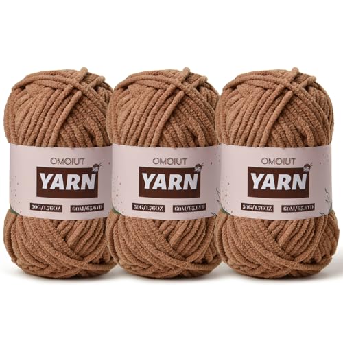 Image of 3 Packs Plush Chenille Chunky Crochet Yarn - Baby Yarn for Crocheting Soft - Velvet Yarns Knitting for Blankets Crafts - Fluffy Amigurumi Yarns 150g / 196.8yds (3 Light Coffee)