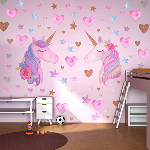 Beanlieve 2 Pack Unicorn Wall Stickers, Removable Unicorn Wall Decals with Hearts & Stars, Reflective Unicorn Wall Decor Stickers for Birthday Party,Kids Bedroom, Baby Nursery Room (2-Sticker)