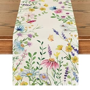 Artoid Mode Daisy Eucalyptus Lavender Floral Leaves Summer Table Runner, Spring Kitchen Dining Table Decoration for Home Party Decor 13×72 Inch