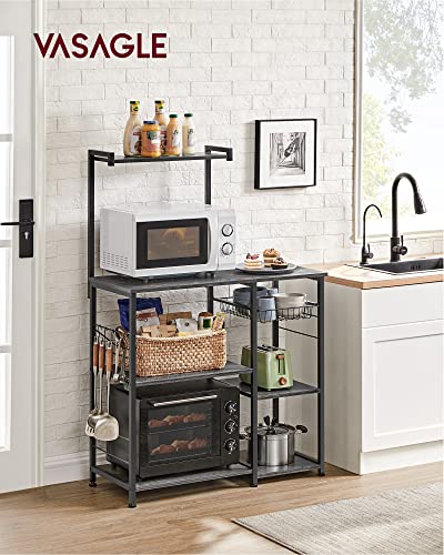 Image of VASAGLE Baker's Rack, Microwave Stand, Kitchen Storage Rack with Wire Basket, 6 Hooks, and Shelves, for Spices, Pots, and Pans, Charcoal Gray and Ink Black UKKS035B04