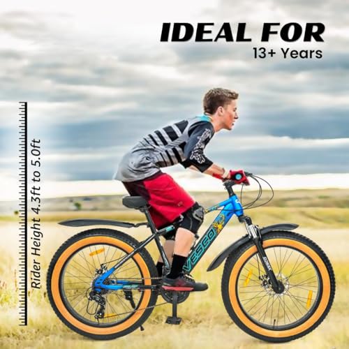 Image of VESCO Stag 24T Fat Tyre Cycle for Boys, & Kids 15+, 21 Gears Cycle, Dual Disc Brakes, Front Suspension, Fitness & MTB Cycle (Blue, 24), 187 x 66 x 112 cm