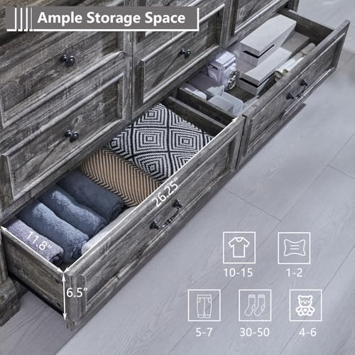 Image of Aitjunz Farmhouse 8 Drawers Dresser for Bedroom, 61 inch Wide Large Dressers & Chests of Drawers w /Roman Column, Storage Dressers Organizer for Bedroom, Hallway, Living Room, Light Grey