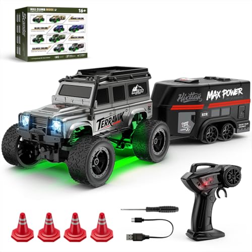 Image of 1 /64 Mini RC Car 2.4G Remote Control Crawler Truck with Trailer 4WD Off-Road All Terrain Vehicle with DIY Stickers, Full Proportional, 2 Speed Control, LED