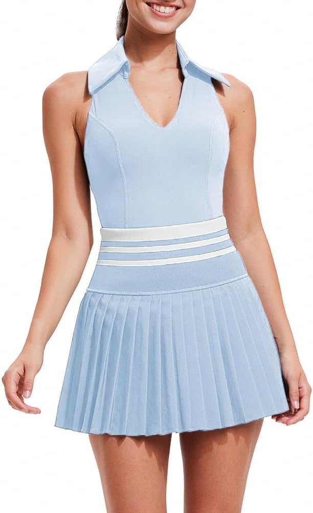 Two Piece Tennis Skirt Set for Women Racerback Color Block High Waisted Pleated Golf Outfits