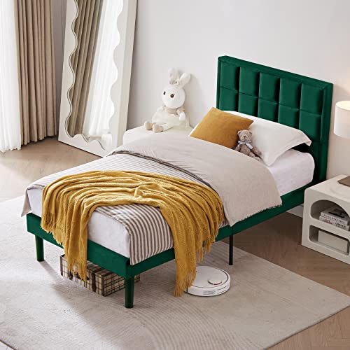 Flolinda Twin Bed Frames Velvet Upholstered Twin Platform Bed Frame Tufted Twin Bed Frames With Headboard No Box Spring Needed Mattress Foundation Stable Noise-Free Easy Assembly Twin Bed Green #TOP4