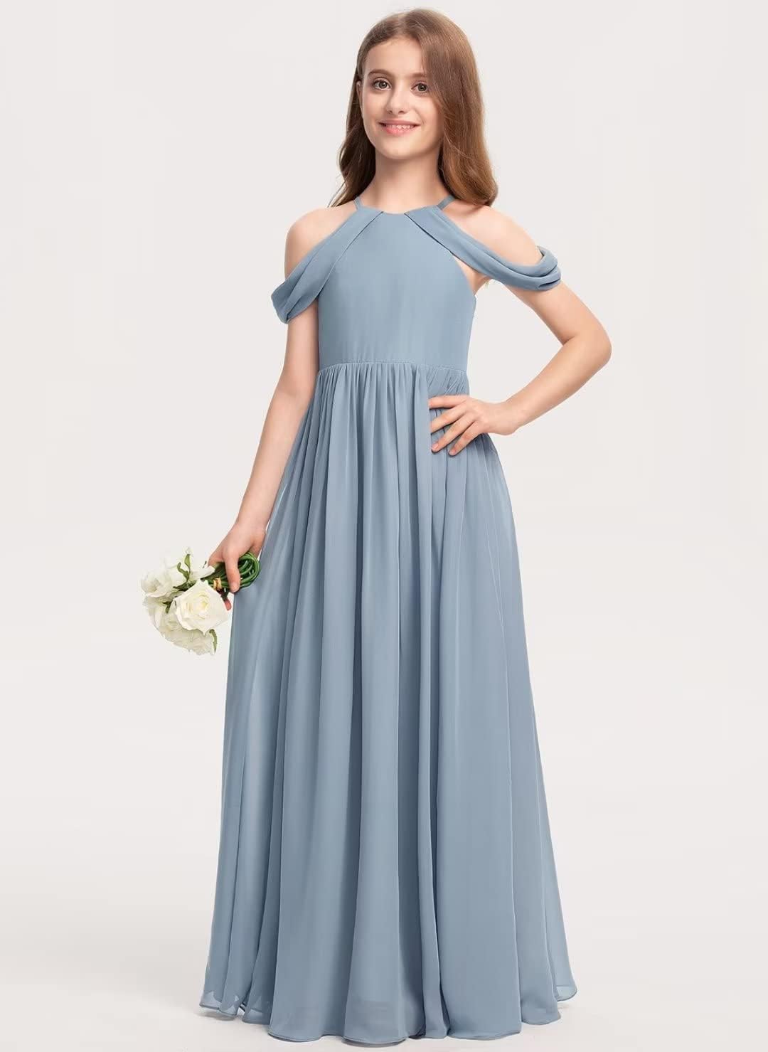 Off-Shoulder Junior Bridesmaid Dresses Long Chiffon Flower Girl Dress for Teen Girls Party Pageant Gowns Halter