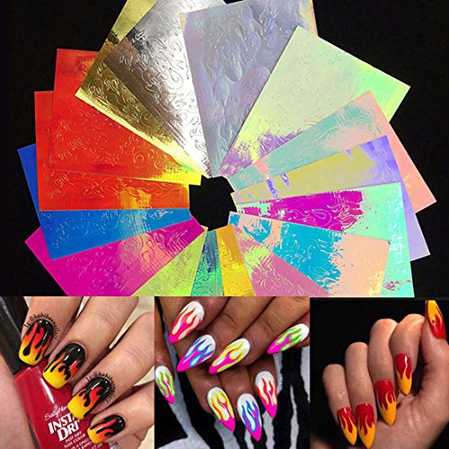 Flame Reflections Nail Stickers 16 PCS Holographic Fire Flame Nail Art Decals Nail Foil Design Decoration Accessories DIY Nail applique for Women Girls Beauty decorate