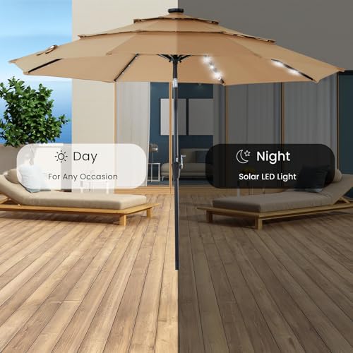 DUMOS 10FT 3-Tier Outdoor Patio Umbrella with 32 LED Lights & Crank, 8 Sturdy Ribs Table Umbrella for Pool, Market, Terrace, Beach and Outdoor Restaurant, Beige by DUMOS - Used condition - Image 3