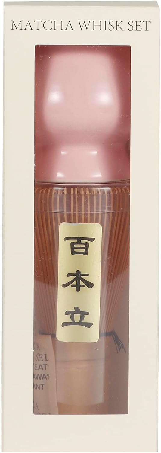 Traditional Japanese Matcha Whisk Set, 100 Prong Bamboo Chasen with Ceramic Stand and Scoop, Tea Ceremony Preparation Tool (Pink Stand)