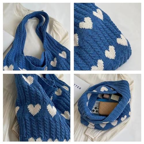 CUNGGI Knitted Heart Tote Bag for Women,Soft Knit Shoulder Hobo Purse with Cute Heart Pattern, Summer Beach Handbag for Travel, Daily Use, Gifts (Black) — view 5