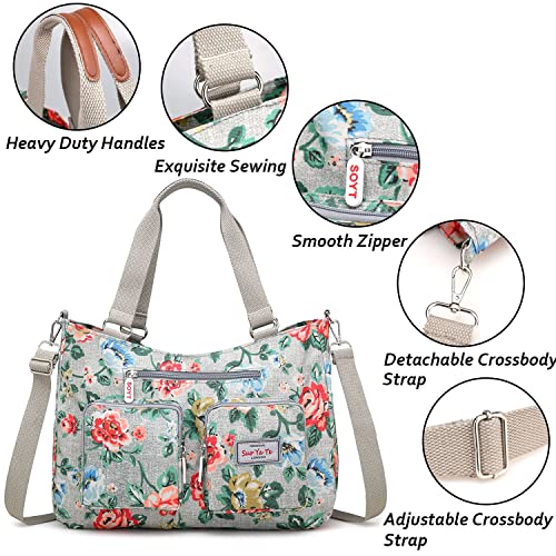 Women Utility Tote Bag Waterproof Nylon Multi Pocket Shoulder Bags Work Bag Teacher Purses And Handbags For Nurses (Floral-Blue Floral) #TOP3