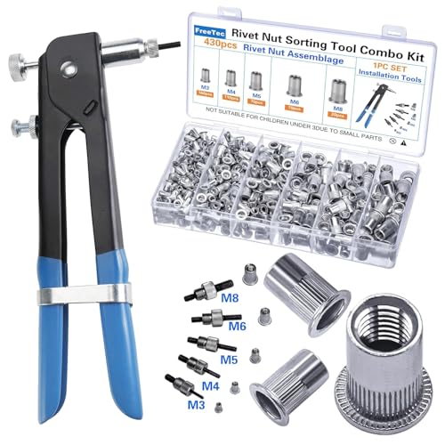 FreeTec 436pcs Pince à Insert Fileté, M3 M4 M5 M6 M8 Pince a Sertir Ecrou, Pince Écrou a Riveter et 5 Mandrins, Outil a Insert Fileté Ecrou a Sertir en Alu pour Métal Tuyau Voiture Meuble Réparation