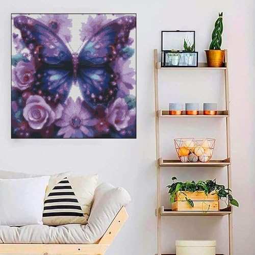 Image of Butterfly Flower Stamped Cross Stitch Kits Flower Cross Stitch Patterns,Dimensions Cross Stitch Kits Embroidery Kit Arts and Crafts for Beginners 13.7x13.7 inches