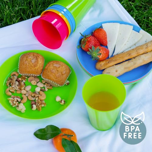 Mypicompany Camping geschirr Set für 6 Personen: 6 Plastikteller Mehrweg+6 Becher Plastik, Spülmaschinen- und Mikrowellenfest, in leuchtenden Farben - Ideal für Garten und Schwimmbad