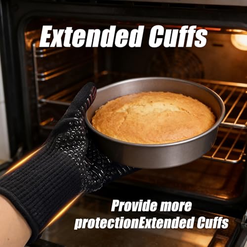 Grillhandschuhe Hitzebeständig bis 800°C, Feuerfest Ofenhandschuhe Topfhandschuhe Kochhandschuhe Backhandschuhe Backofenhandschuhe, für Ofen, Küche, BBQ, Kochen, Schwarz