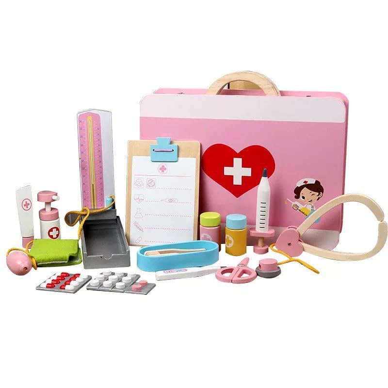THE BRAIN GYM FACTORY - Wooden Doctor Toy Set with Accessories | Pretend Play Dr Kit Realistic Pink Doctor Set, Toy Role Play for Kids Toys Toddler Girls Boys for 3 to 8 Year Old - 15 Pcs (B0CK4Q35N4) Amazon Price History, Amazon Price Tracker