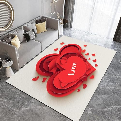 UUZEAI Alfombra Lavable para Sala de Estar, diseño de corazón Rojo, decoración romántica de San Valentín, para Dormitorio, Antideslizante, Suave, para mesita de Noche, 160x240cm