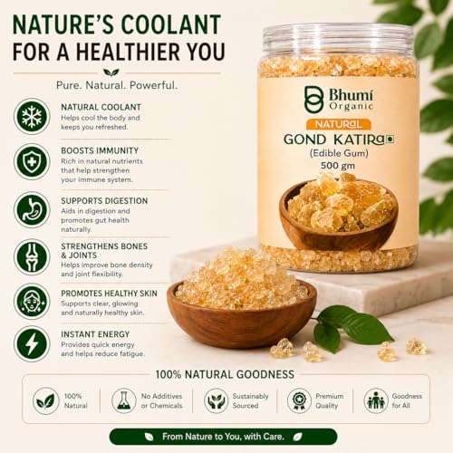 Image of Bhumi Organic Gond Katira (Tragacanth Gum), 500 GM | Natural Edible Gum for Summer Drinks, Body Cooling Ayurvedic Superfood, Gluten-Free