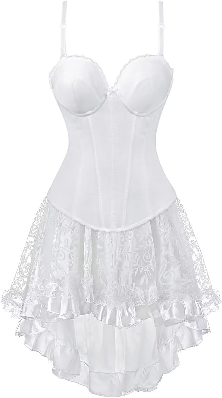 Jutrisujo Corset Strap Dress Top Skirt Set Plus Size Bustier Outfit Lingerie Lace up Gothic Women Bride Wedding White