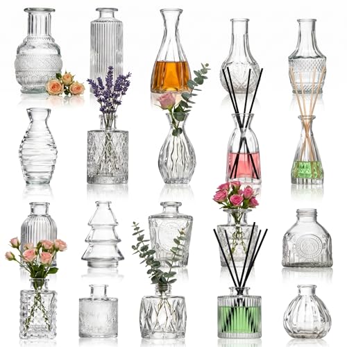 20 Pcs Clear Glass Bud Vases in Bulk, Vintage Embossed Small Vases for Centerpieces, Mini Floral Vases for Wedding Decor, Baby Shower, Table Decorations, 3.1'-5.1'