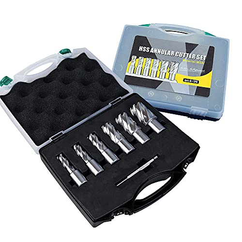 Image of HSS Annular Cutter Set 6 pcs 3/4 Inch Weldon Shank 1 Inch Cutting Depth and Cutting Diameter 9/16”,5/8”.11/16”.13/16", 15/16" and 1-1/16" for Drill Press HSS Standard Kit and 1 Pilot Pin