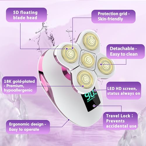 Image of Electric Razors for Women-5D Floating Head IPX7 Waterproof Wet Dry Leg Hair Trimmer, USB-C Rechargeable 90Min Battery, Gentle Facial Bikini Hair Removal with LED Display & Travel Lock