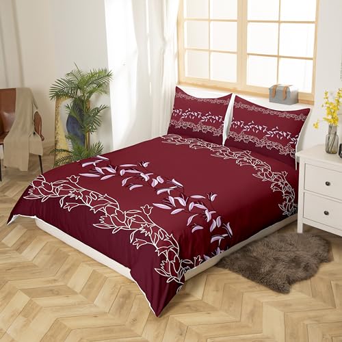 Loussiesd Wine Red Comforter Cover King Size Embroidered Floral Bedding Set Jacquard Decorative 3 Pieces European Duvet Cover Set Women Bedspread Cover with 2 Pillowcase Microfiber Zipper - Image 2