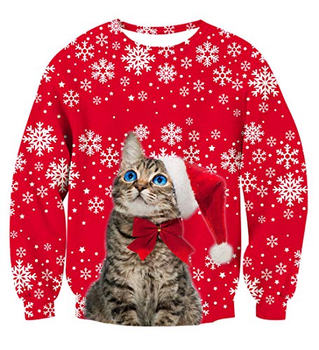 Rave on Friday Hommes Femmes Ugly Pullover Jumpers Noel Sweatshirt 3D Print Drôle Chat Flocon Neige...
