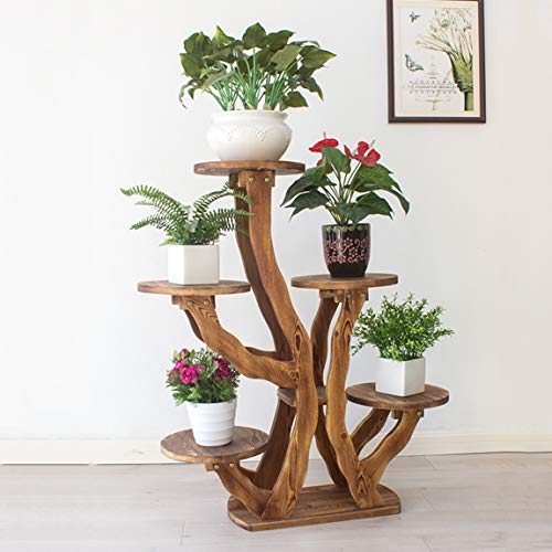 LRW Multi Floor Flower Rack, Solid Wood Floor Balcony, Living Room Indoor Flower Pot Rack, 5 Layer Carbonization