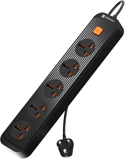 Portronics Power Plate 13 Multiplug Extension Board with 5 Power Sockets, 1500W, 2M Cord Length, Fire Proof Material, Short Circuit Protection(Black)
