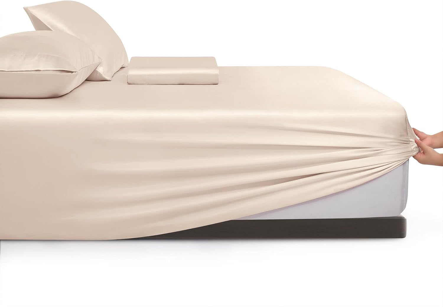 Vonty Satin Sheets Extra Deep Pocket Queen Sheet Sets - Cooling & Silky Satin Queen Size Sheets with 18-24 Inch Deep Pocket, Beige Satin Bed Sheets Fit Up to 24" Deep Mattress - 4 Piece