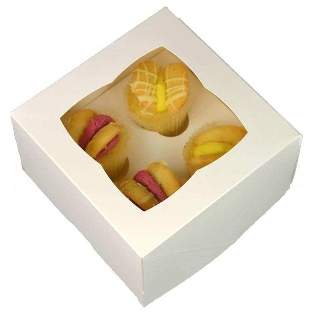 LARRYROO PREMIUM Ultra White Windowed MINI Cupcake Boxes for 4 Cup Cakes & inserts (10)