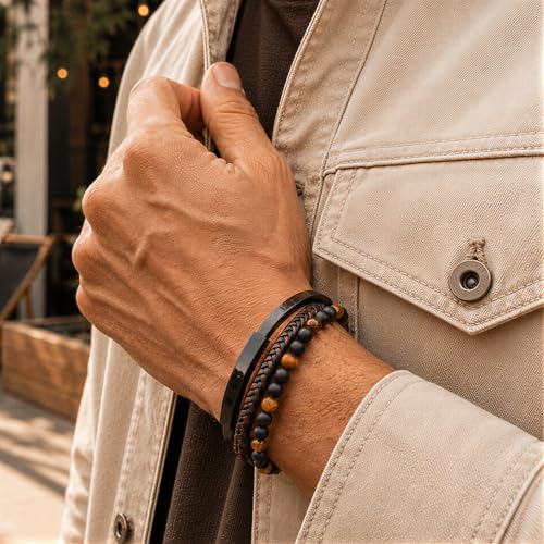 Pulsera para hombre de cuero con piedras naturales miniatura 6