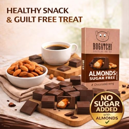 Image of BOGATCHI Almond Sugar Free Dark Chocolate Bites (15 Pcs) | Healthy Roasted Almond Chocolate Squares | Zero Sugar Premium Diabetic Friendly Snack & Gift Box | Vegetarian 80g