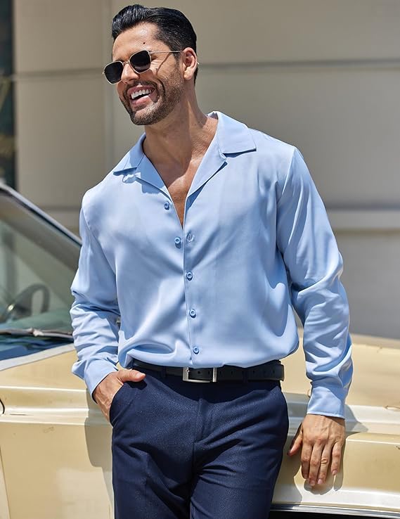 Image of CB-COLEBROOK Men Luxury Satin Silk Dress Shirt - Long Sleeve, Satin, Shiny Button Down, Prom, Wedding Party Shirt