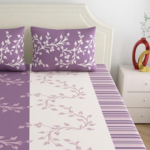 Image of Dreamscape 100% Cotton Fitted Floral Bedsheet For King Bed, 140 TC, 1 Bed Sheet (Size 72 x 78 Inches + 12 Inches Pocket) With 2 Pillow Covers, Purple