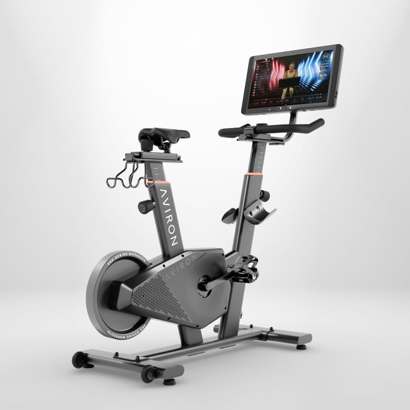 Image of Aviron Fit Bike Touring Edition with 22 inch HD Touchscreen. Access to Game-Based Workouts, Streaming, and Classes. 1500W Electromagnetic Resistance, Freewheel, Compact Design, Black