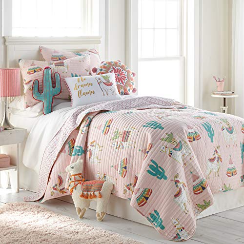 Image of Levtex Home - Lima Llama Quilt Set -Twin Quilt (68x86in) + One Standard Pillow Sham (26x20in) - Lots of Llamas in White, Taupe, Orange, Green, Burgandy, Pink - Reversible - Cotton/Polyester