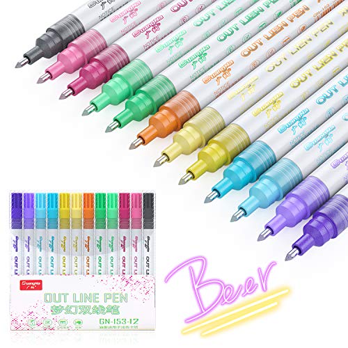 Honmax Bolígrafo de Contorno, 12 Colores Rotuladores de Pintura Acrílica con Doble Contorno, para Tarjetas de Rregalo, Álbum de Fotos, Álbum de Recortes, Tarjetas de Felicitación, Pintura.