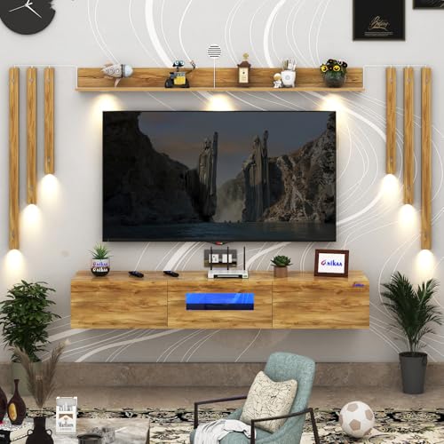 Image of Anikaa LucenNote Engineered Wood Wall Mount TV Unit with Acrylic Blue LED Storage Box, Wooden Accent Spotlight Panels for Living Room, Fits Up to 55 Inch TV, Giantwood DIY Installation